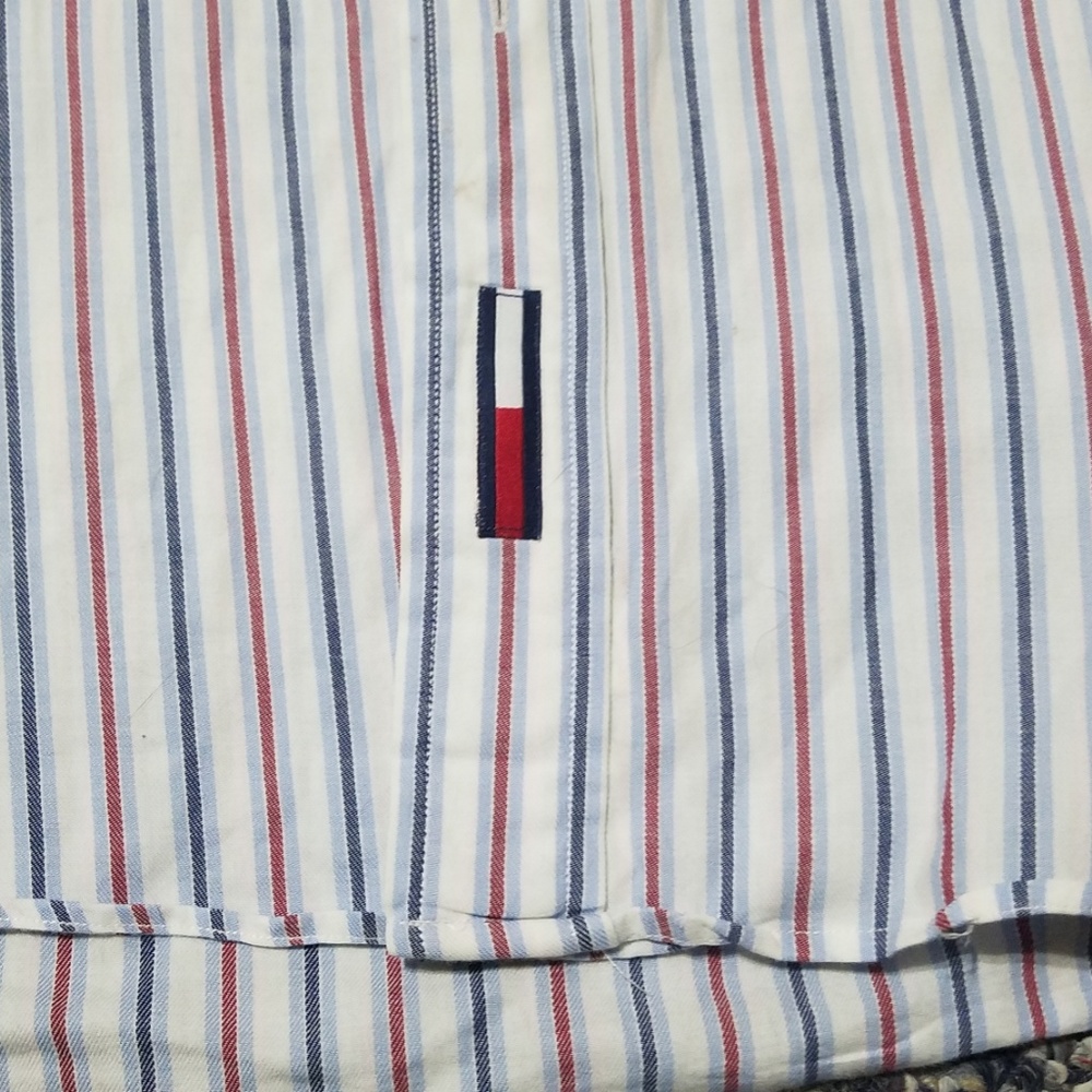 Vintage Tommy Hilfiger Mens Medium Red White Blue Stripe Button Up Down Shirt M - Picture 2 of 4